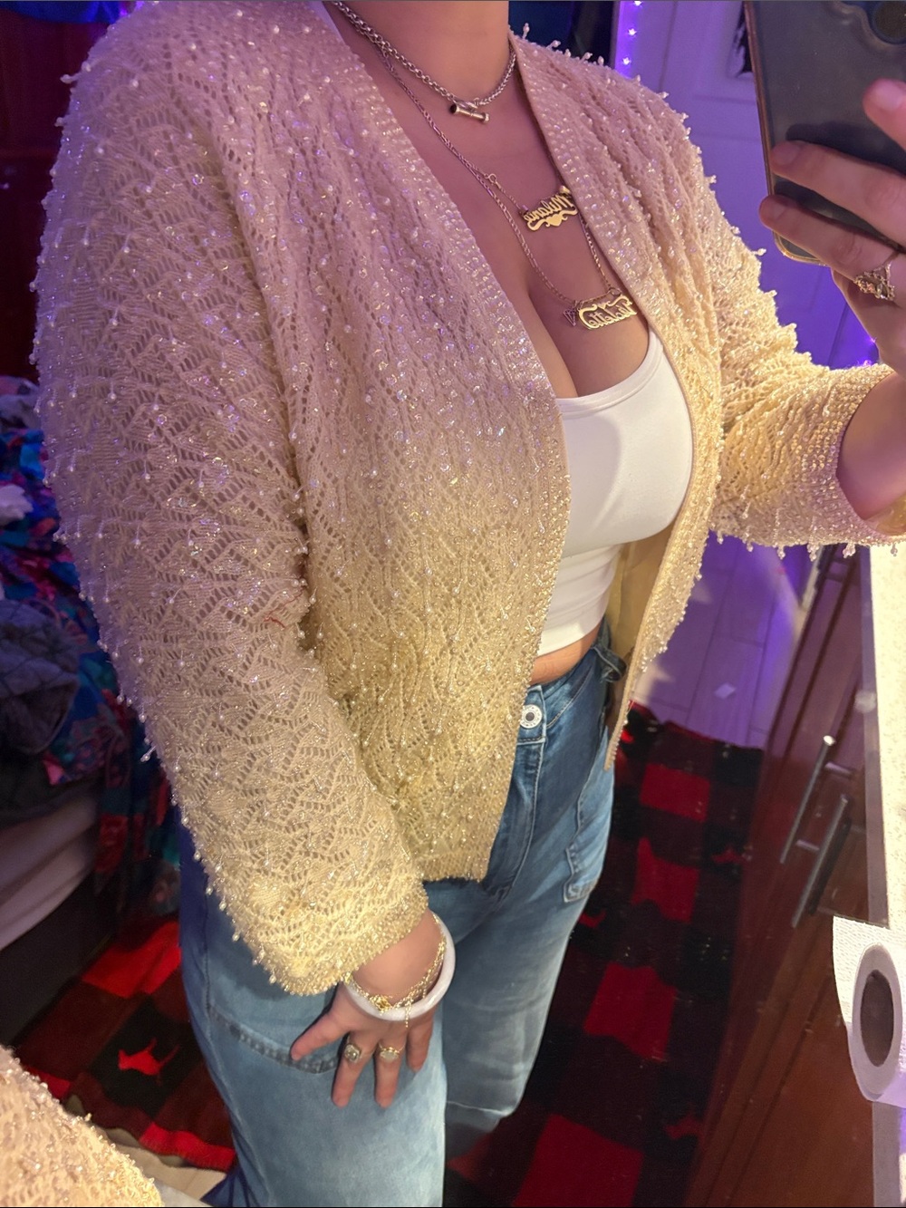 VINTAGE 50s 60s HAND BEADED Cream WOOL 3/4 sleeve cardigan